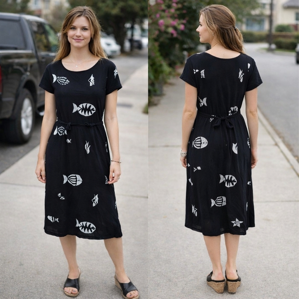 Connie Choi Black Rayon Fish Print Dress – Size Medium Y2K